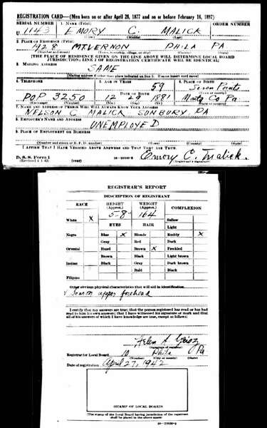 Emory C Malick's draft card showing white, ruddy complexion, blue eyes, brown hair (1942)