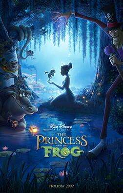 A cartoon image of a woman in a princess costume with a frog in her hand.